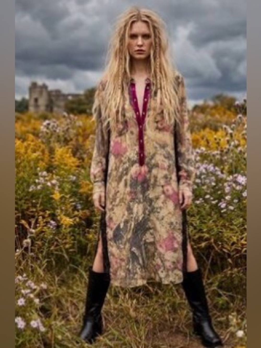 Aratta Silent Journey Floral Velvet Long Sleeve Shirt Dress Burnout Boho Large